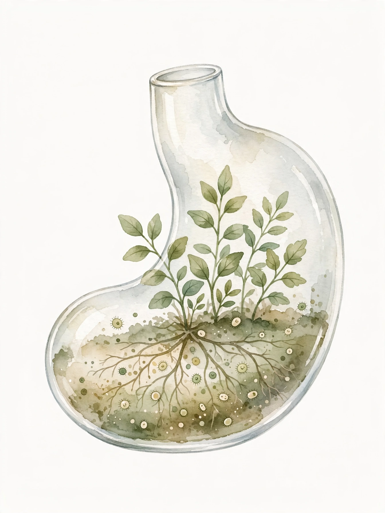 Watercolor illustration of green plants growing inside a glass vessel shaped like a stomach