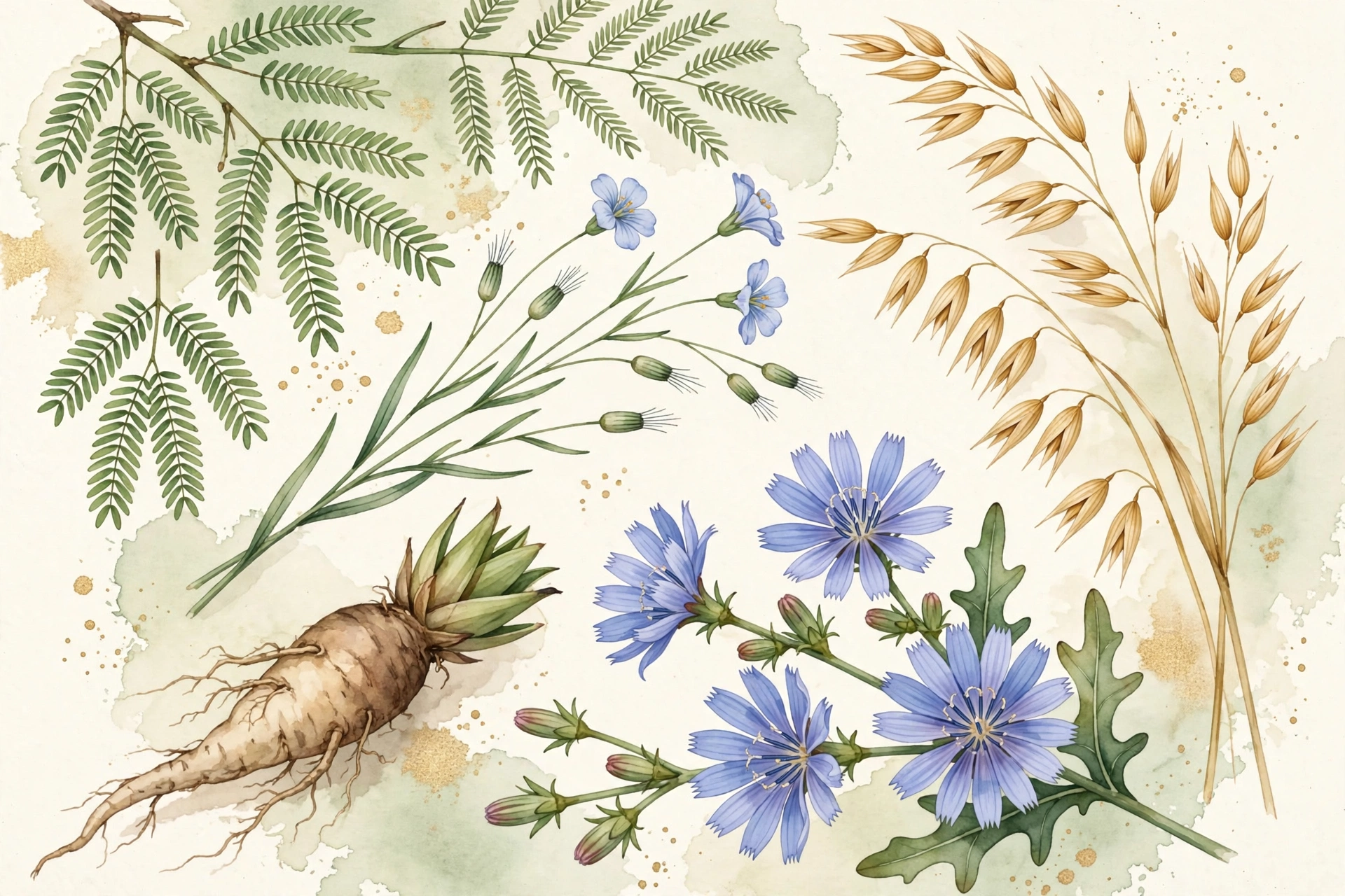 Watercolor botanical illustration of chicory root, chicory flowers, oats, and flax