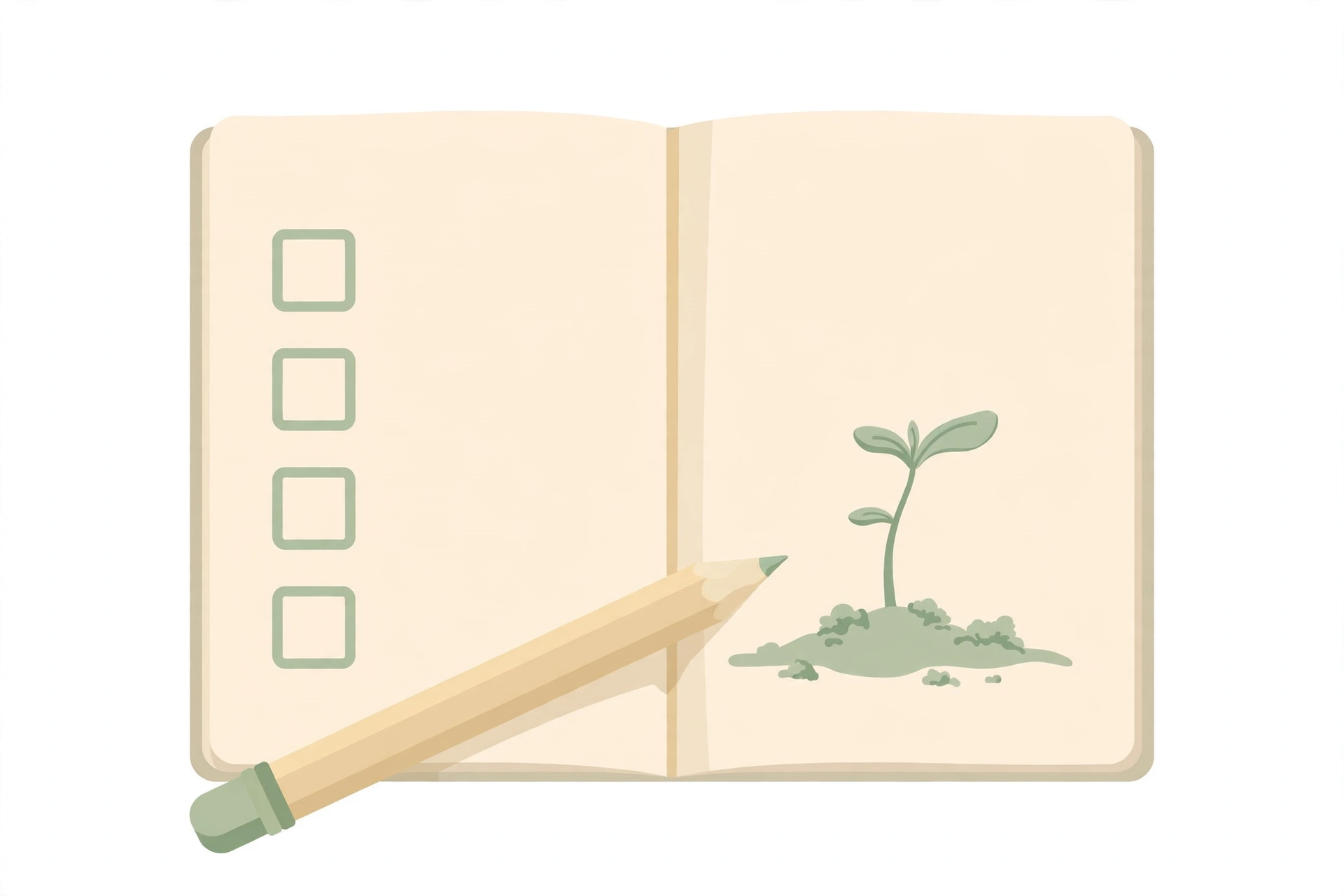 Illustration of an open notebook with a checklist, pencil, and a small seedling